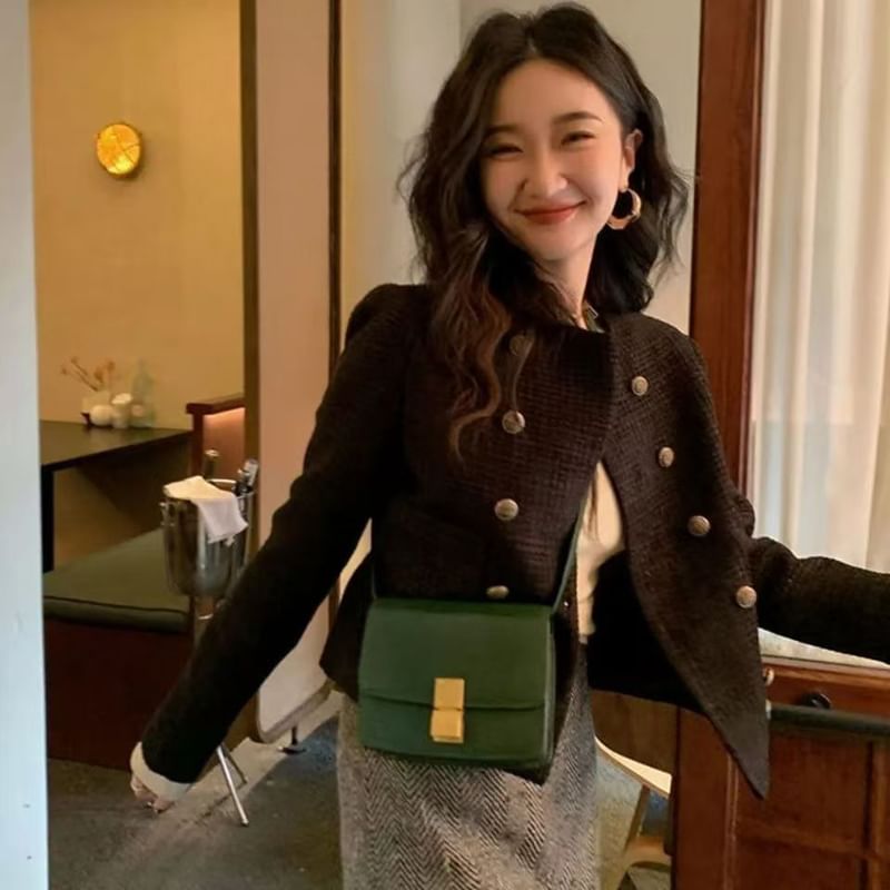 Crew Neck Double-Breasted Tweed Crop Jacket