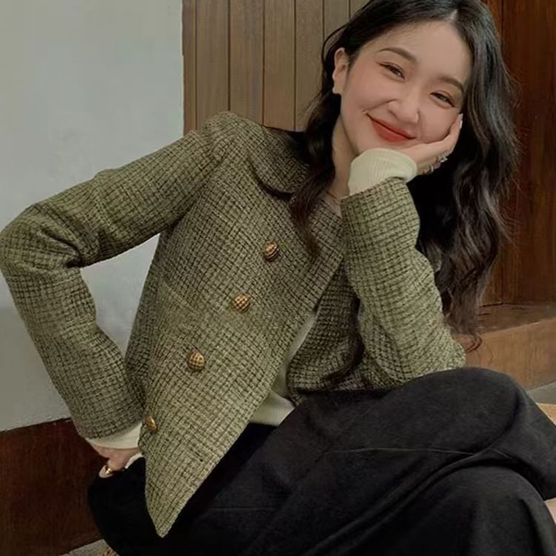 Crew Neck Double-Breasted Tweed Crop Jacket