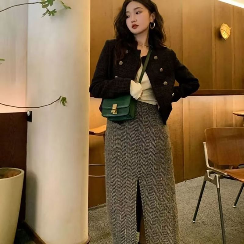 Crew Neck Double-Breasted Tweed Crop Jacket