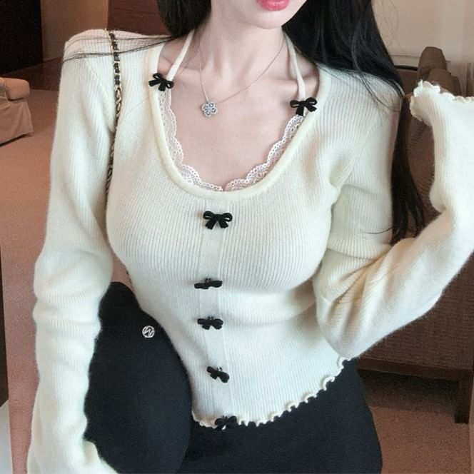 Scoop Neck Lace-Trim Bow Sweater with Lettuce Hem