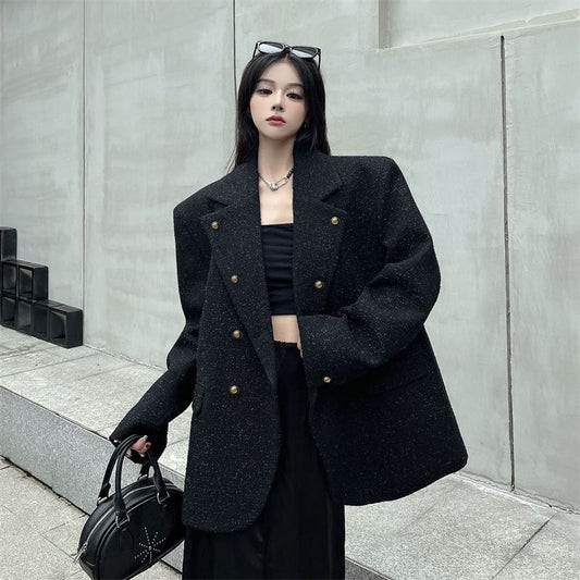 Double Breasted Lapel Collar Tweed Blazer