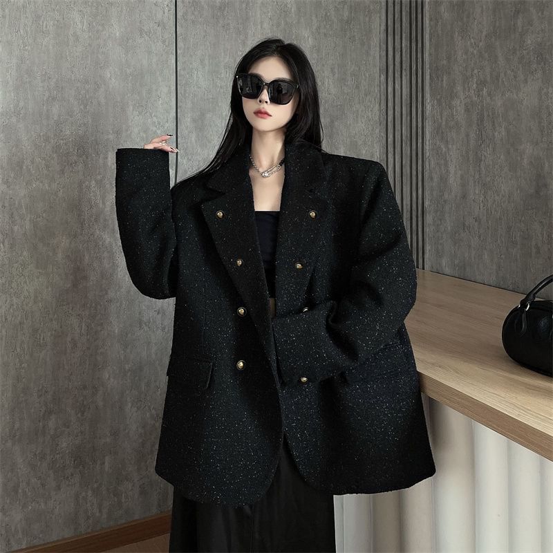 Double Breasted Lapel Collar Tweed Blazer
