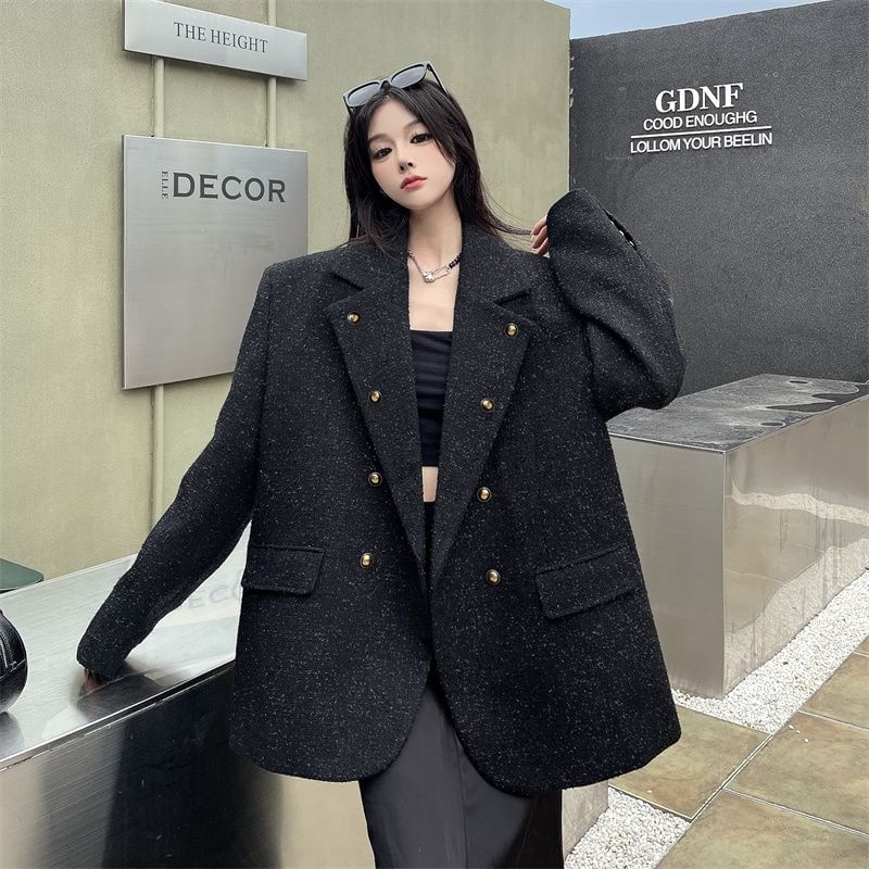 Double Breasted Lapel Collar Tweed Blazer