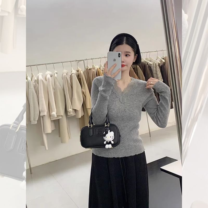 Ribbed V-Neck Lace-Trim Long-Sleeve Knit