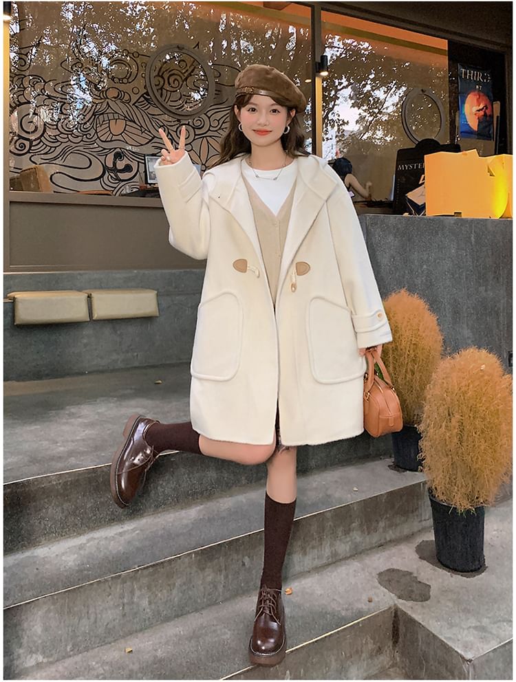 Hooded Toggle Plain Long Coat
