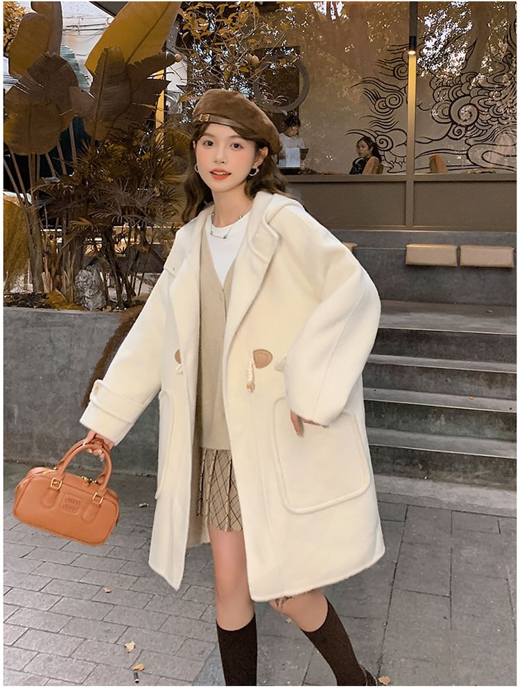 Hooded Toggle Plain Long Coat