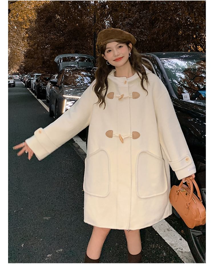 Hooded Toggle Plain Long Coat