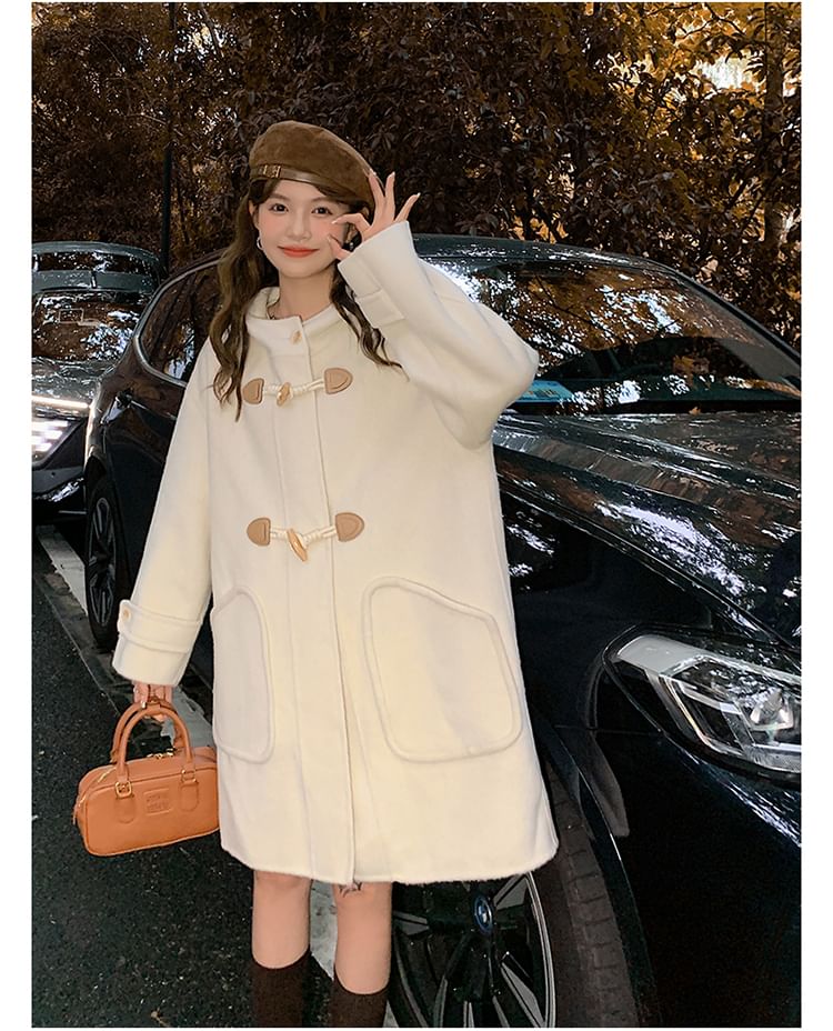 Hooded Toggle Plain Long Coat