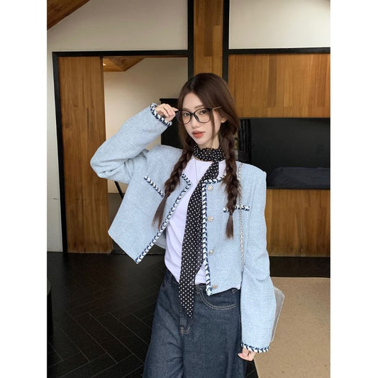 Round Neck Contrast Trim Tweed Crop Button Jacket