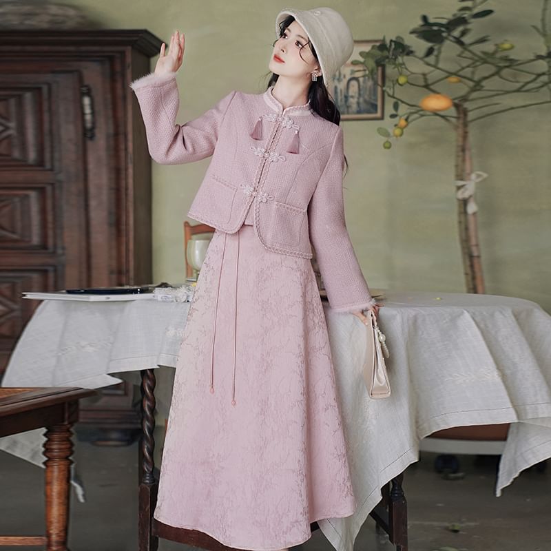 Stand Collar Tassel Tweed Frog Closure Jacket / High Waist Jacquard Midi A-Line Skirt / Set