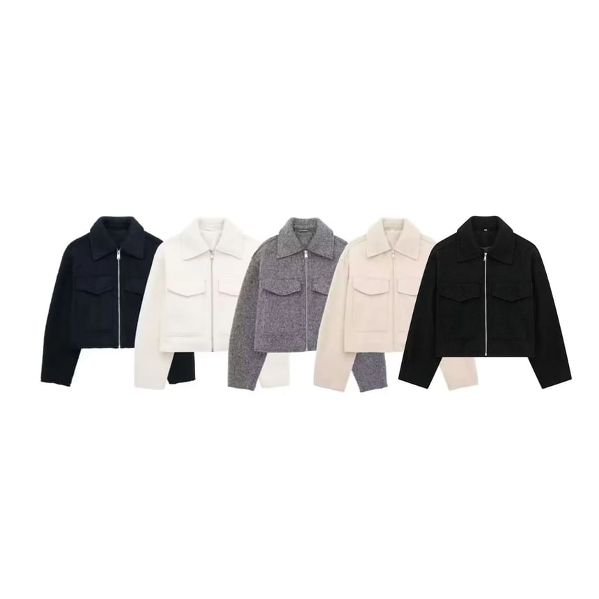 Collared Plain Zip Up Cropped Wool Jacket