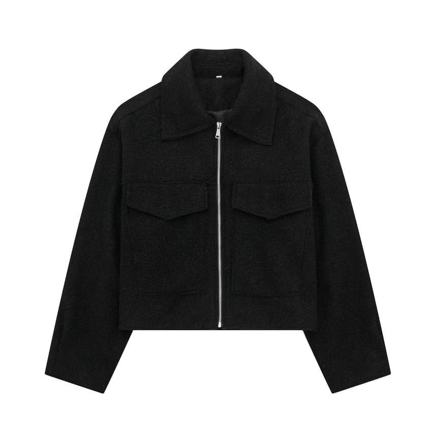 Collared Plain Zip Up Cropped Wool Jacket