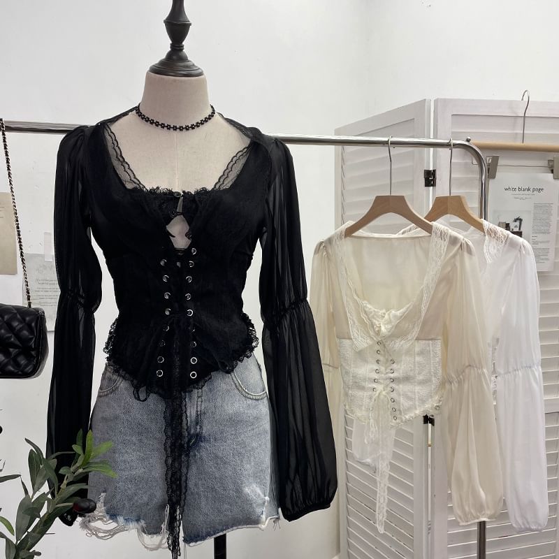 Scoop Neck Cutout Lace-Up Crop Blouse