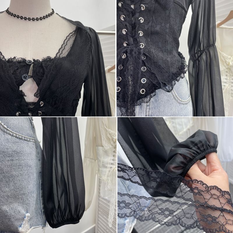 Scoop Neck Cutout Lace-Up Crop Blouse