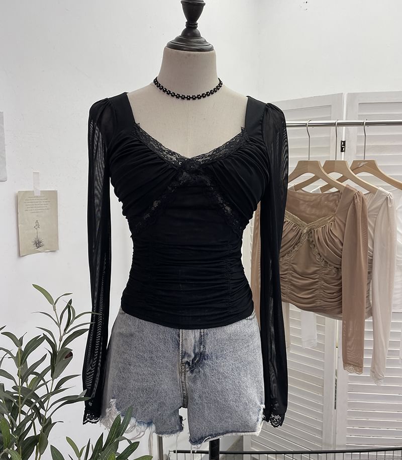 Ruched Mesh V-Neck Lace-Trim Crop Top