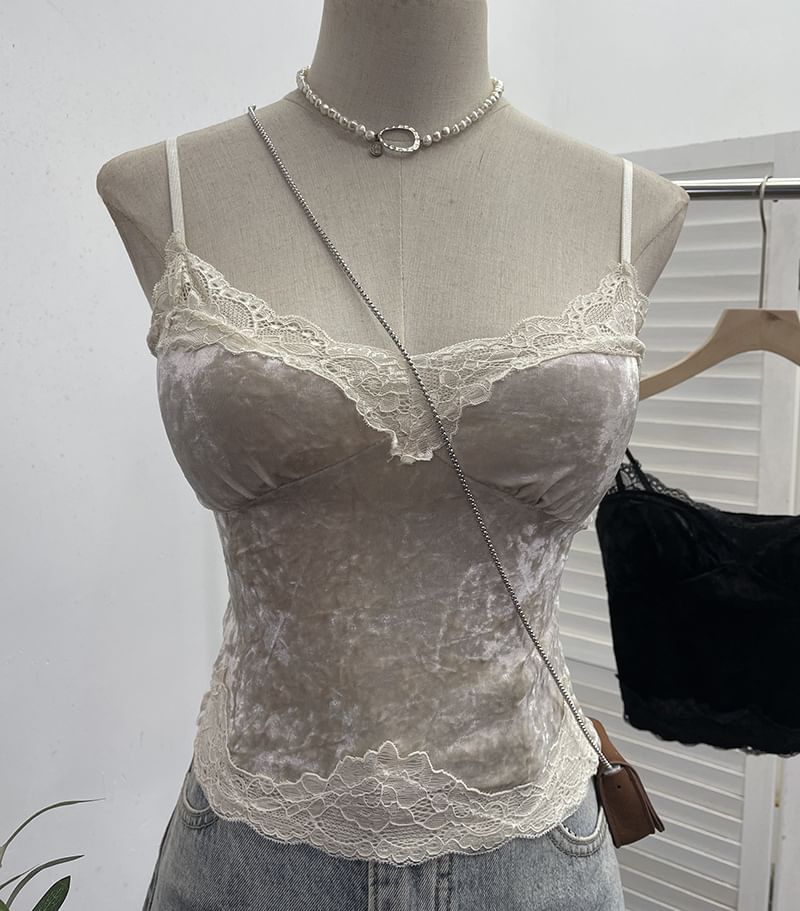 Velvet Lace-Trimmed Crop Cami