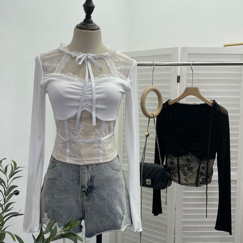Tie-Neck Lace Panel Ruched Crop Top