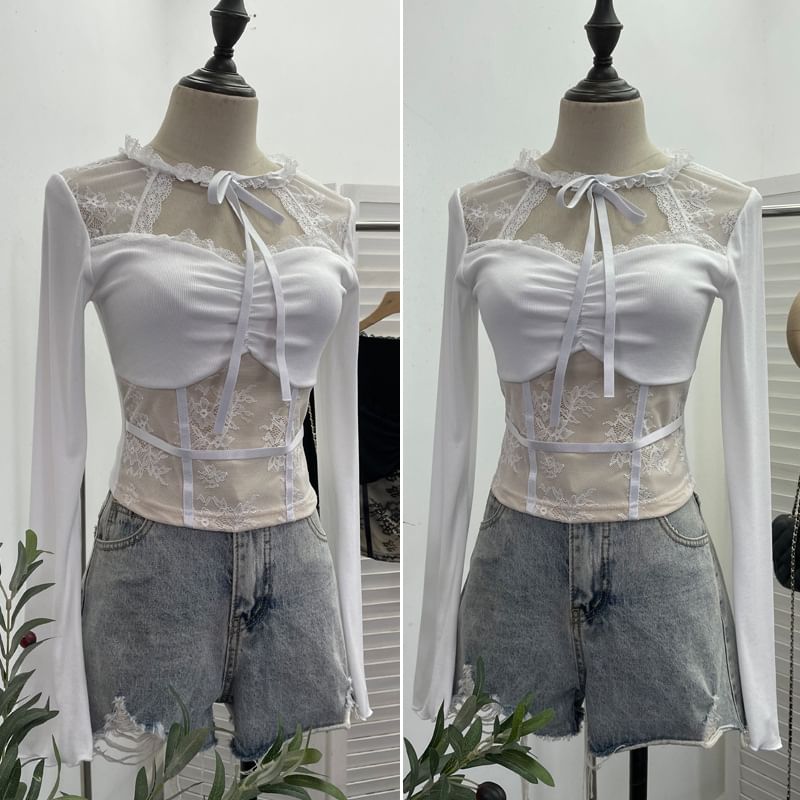Tie-Neck Lace Panel Ruched Crop Top