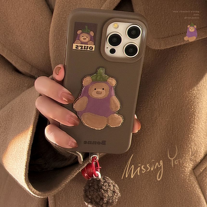 Bear Pom / Charm Phone Eggplant Bell Set Case
