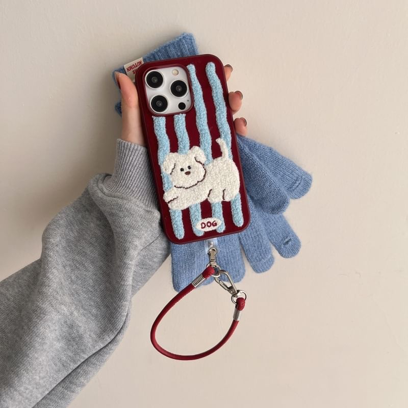Embroidered Case Dog Striped Phone