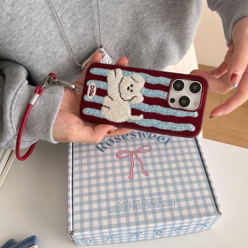 Embroidered Case Dog Striped Phone