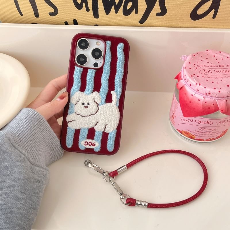Embroidered Case Dog Striped Phone