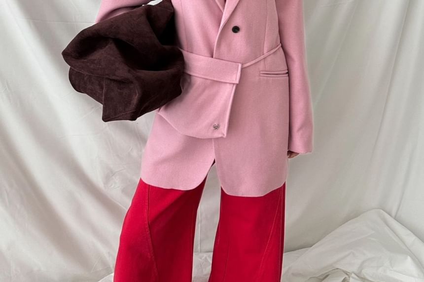 Set Of 3: Woolen Crop Jacket + Vest + Belt Bag