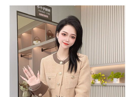 Round Neck Two Tone Tweed Button Jacket