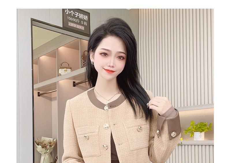 Round Neck Two Tone Tweed Button Jacket