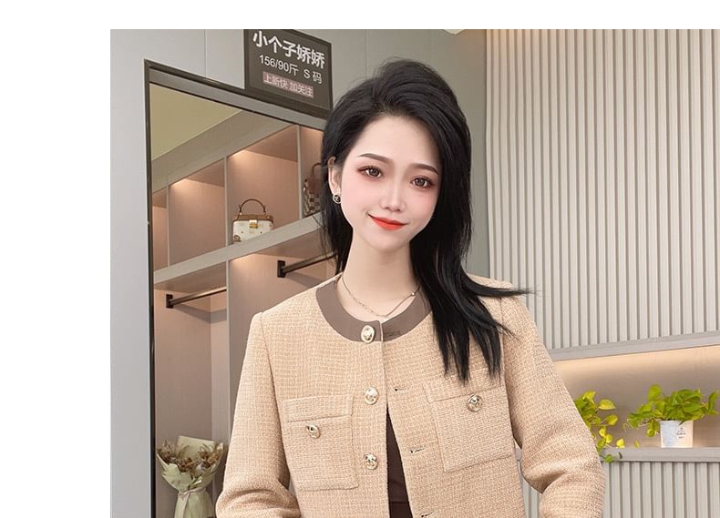 Round Neck Two Tone Tweed Button Jacket