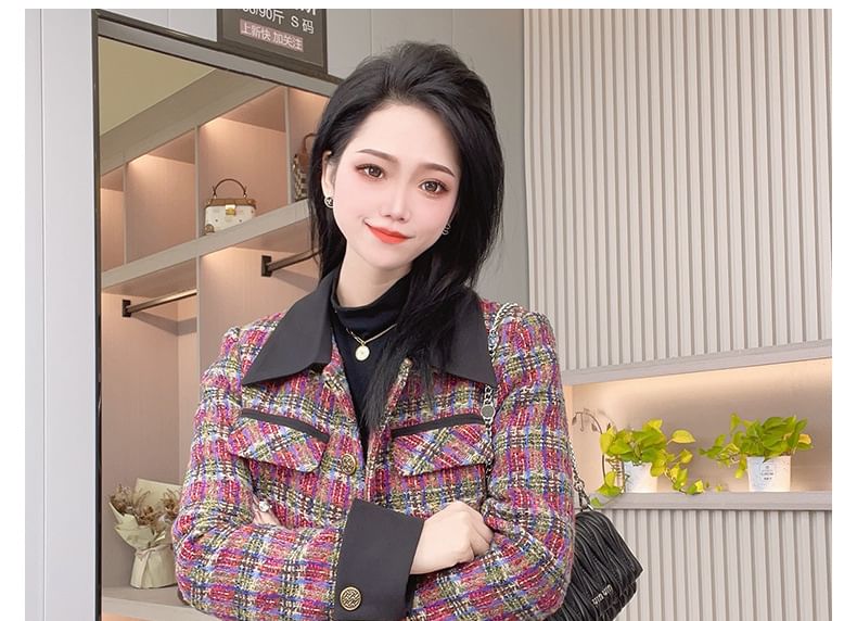 Collar Plaid Tweed Button Jacket