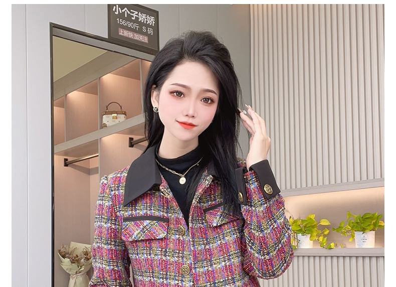 Collar Plaid Tweed Button Jacket
