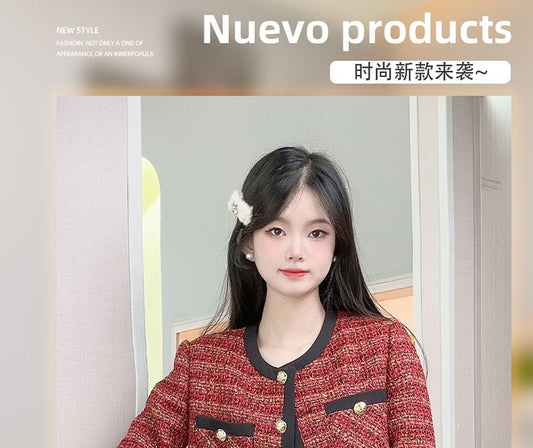 Round Neck Contrast Trim Tweed Button Jacket