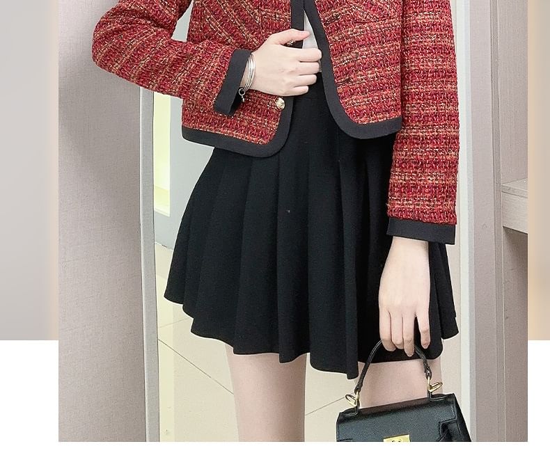 Round Neck Contrast Trim Tweed Button Jacket
