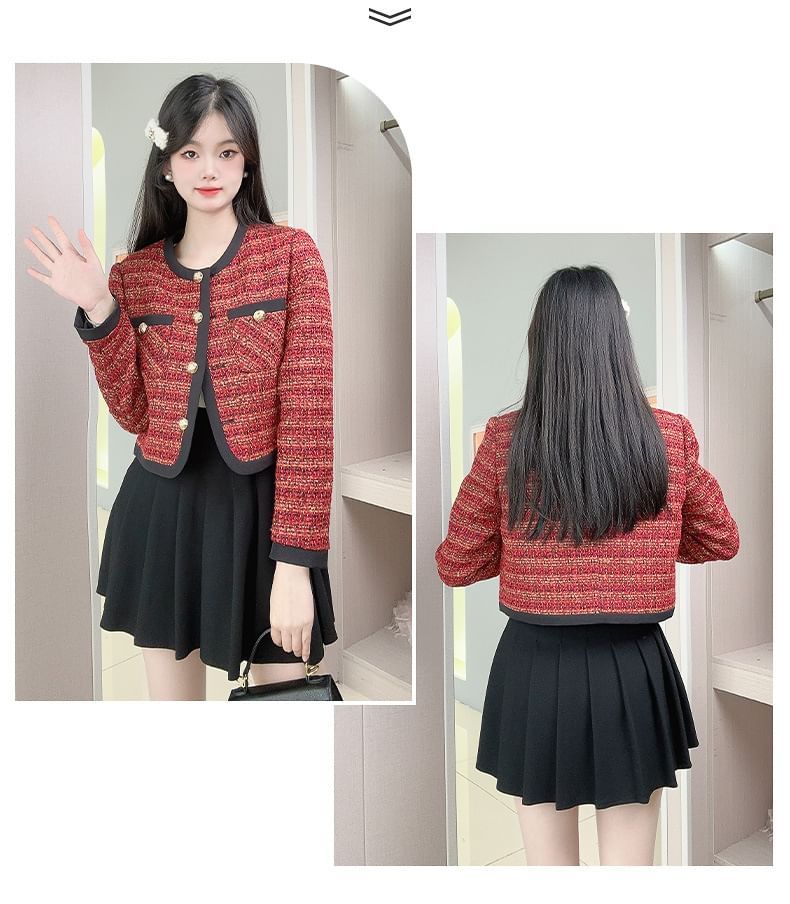 Round Neck Contrast Trim Tweed Button Jacket