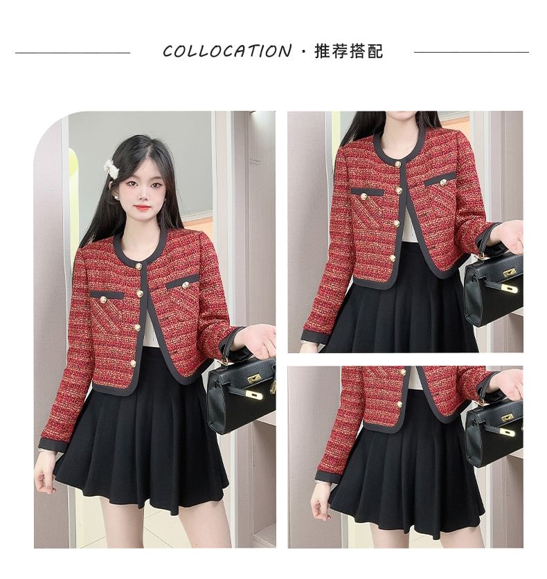 Round Neck Contrast Trim Tweed Button Jacket