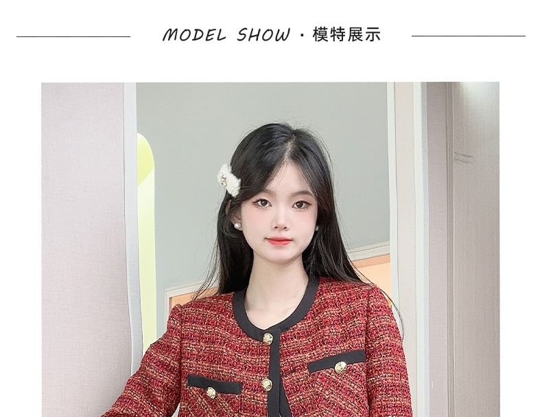 Round Neck Contrast Trim Tweed Button Jacket