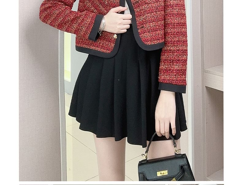 Round Neck Contrast Trim Tweed Button Jacket