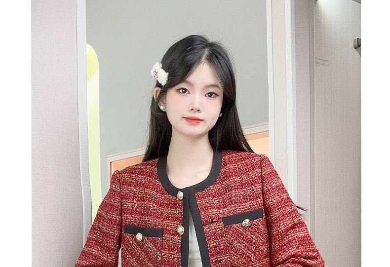 Round Neck Contrast Trim Tweed Button Jacket