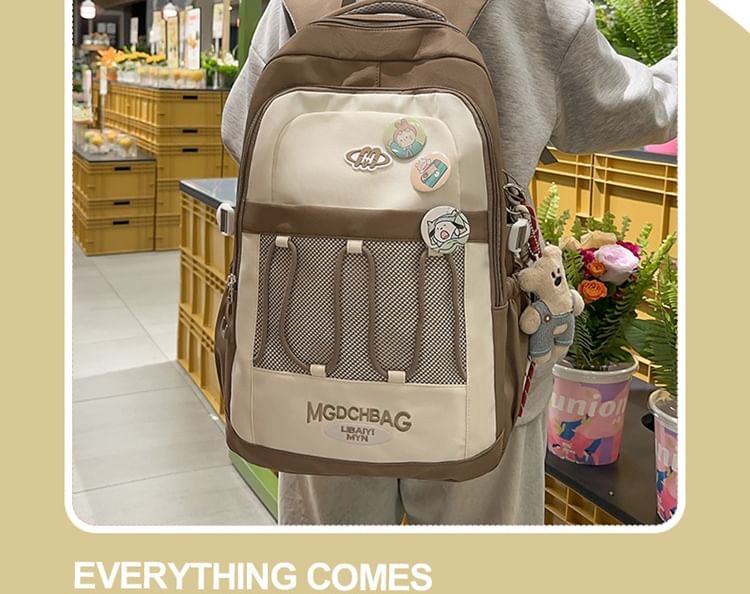 Nylon Backpack Embroidered Lettering Drawstring Set Mesh Panel Brooch /