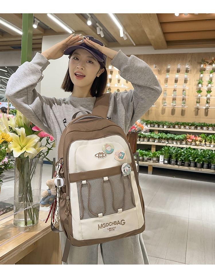 Nylon Backpack Embroidered Lettering Drawstring Set Mesh Panel Brooch /