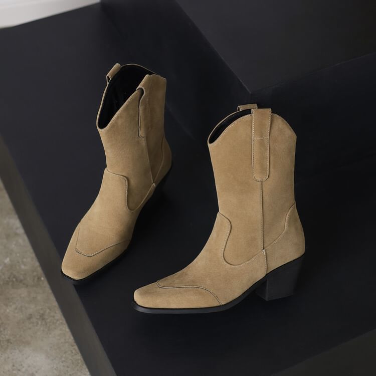 Toe Mid Heel Calf Suede Panel Block Faux Boots Square