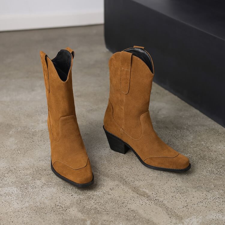 Toe Mid Heel Calf Suede Panel Block Faux Boots Square