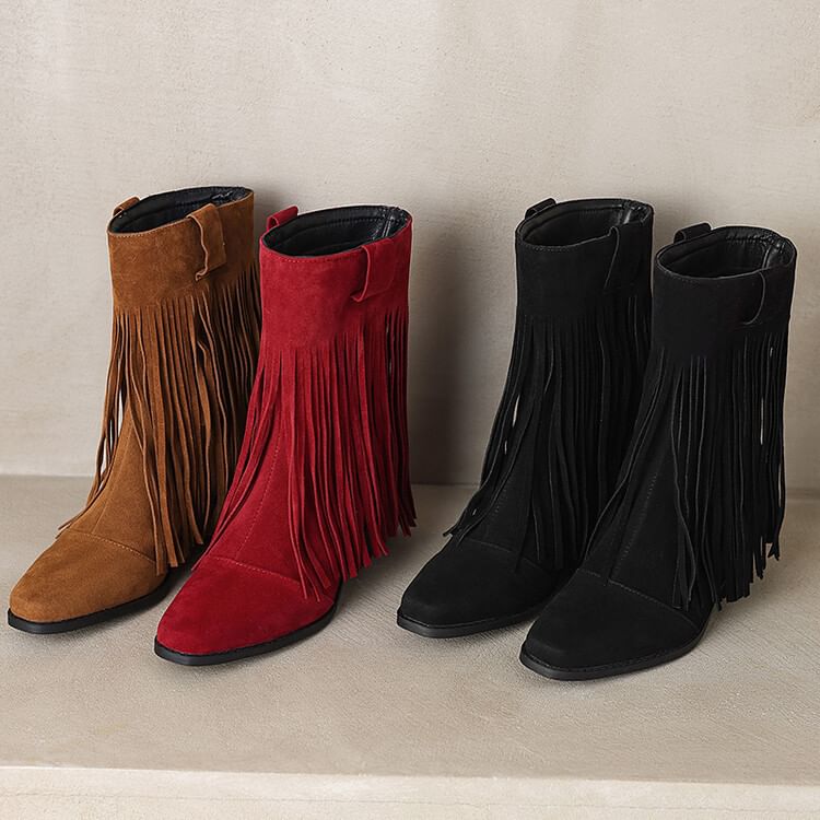 Toe Heel Square Calf Boots Suede Fringe Faux Mid Block