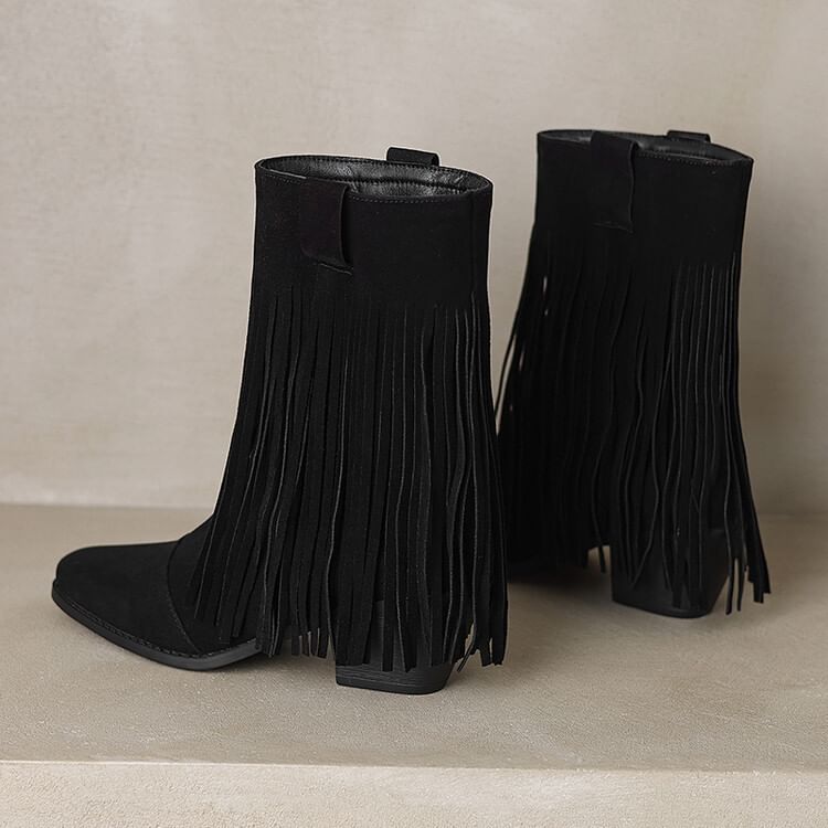 Toe Heel Square Calf Boots Suede Fringe Faux Mid Block