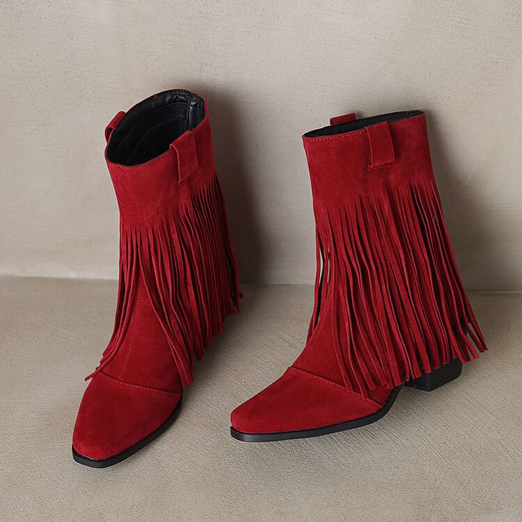 Toe Heel Square Calf Boots Suede Fringe Faux Mid Block