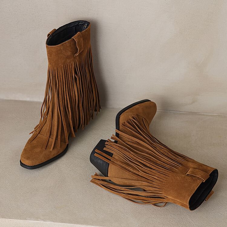 Toe Heel Square Calf Boots Suede Fringe Faux Mid Block