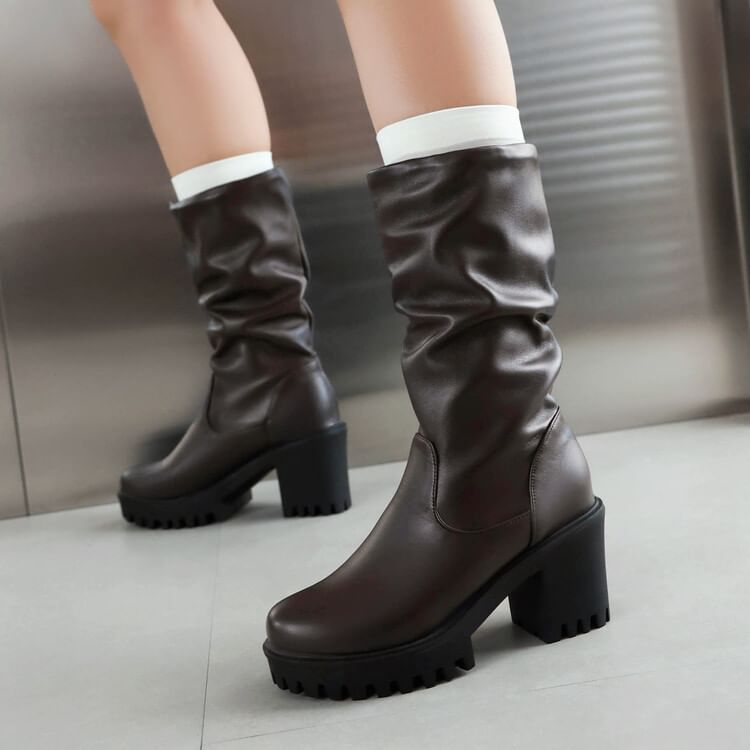 Heel Platform Mid Boots Block Calf