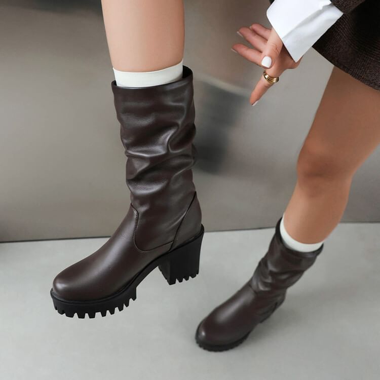 Heel Platform Mid Boots Block Calf