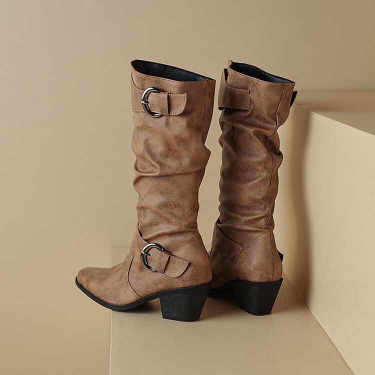 Heel Block Square Buckled Knee Toe Boots High